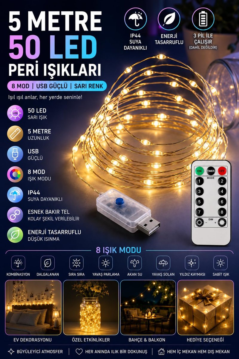 5 Metre SARI 50 LED Işıklar Peri Işıkları 8 MOD RGB Işıkları USB SARI Renkli Işık Peri Dize Işıkları Tel Fonksiyonlu Süsleme İnce Telli Aydınlatmalı Şerit Led Yılbaşı Işık Yılbaşı Süsü
