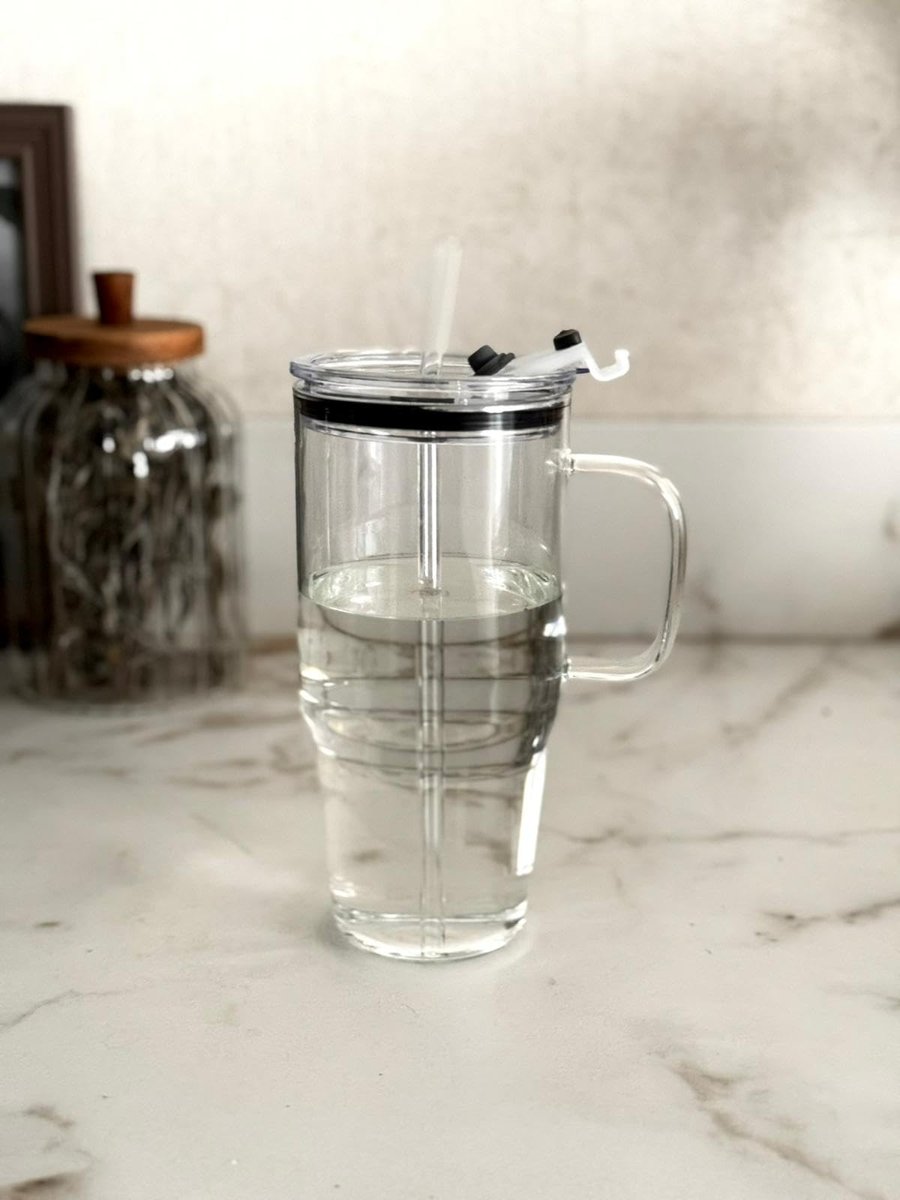 Vovo Concept 1200 ml Büyük Boy Cam Termos – Mika Kapaklı Pipetli Termos Bardak