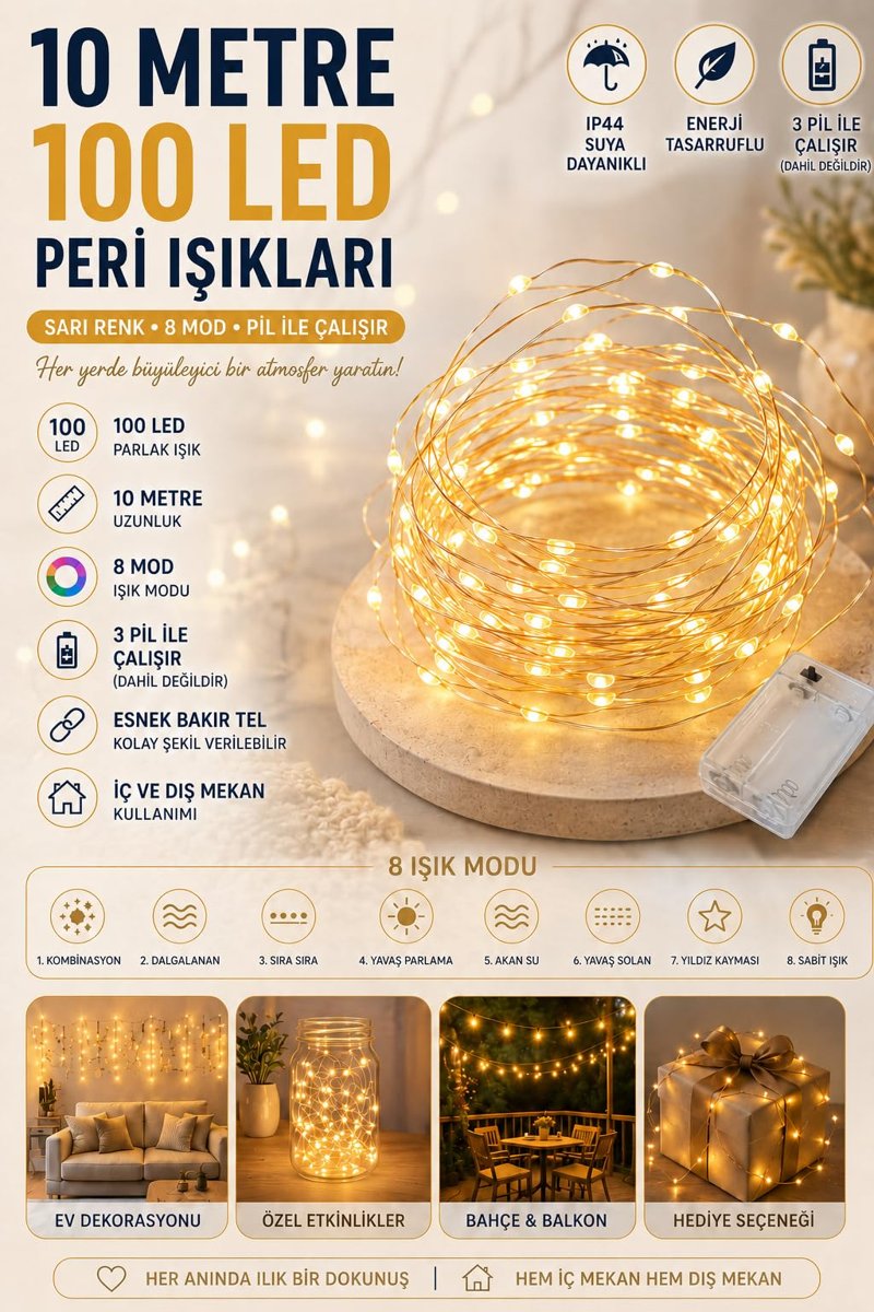 10 Metre SARI 100 LED Işıklar Peri Işıkları 8 MOD RGB Işıkları Işık Peri Dize Işıkları Tel Fonksiyonlu Süsleme İnce Telli Aydınlatmalı Şerit Led Yılbaşı Işık Yılbaşı Süsü
