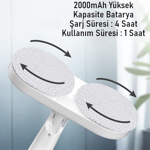 Valkyrie Şarjlı Su Püskürtmeli Elektrikli Mop – Çift Döner Başlık, Mikrofiber Ped, 2000 mAh, Tüm Zeminlerde Etkili Beyaz
