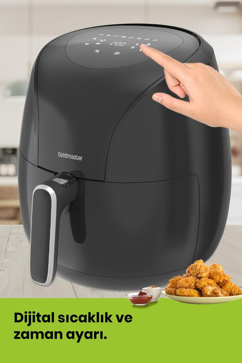 Foodchef Airfryer, 6.4L Dış Hazne, 5L Pişirme Kapasitesi, Dokunmatik Ekran, 8 Ön Ayar Menüsü, 80-200°C Sıcaklık Aralığı, 2000W