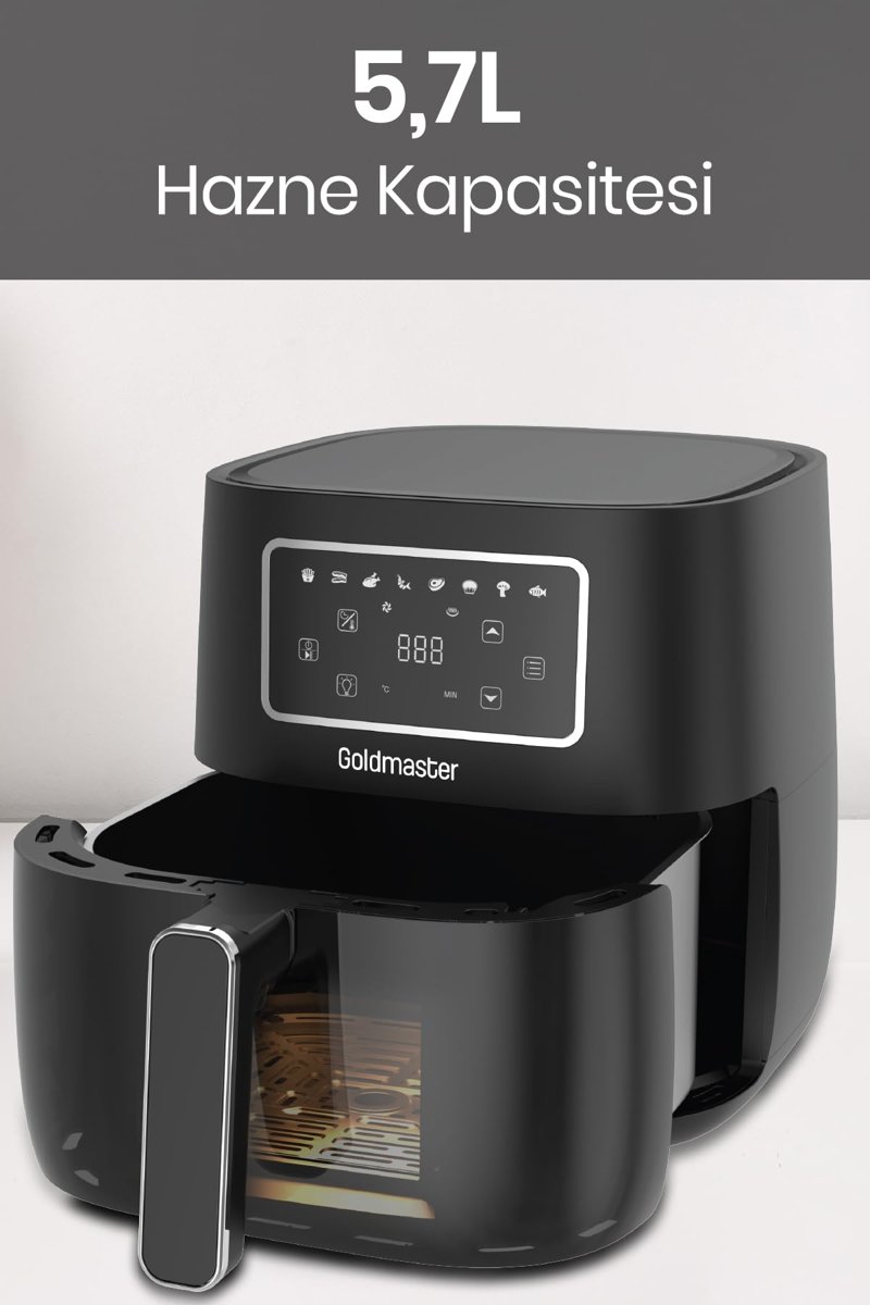 Versay Airfryer Sıcak Hava Fritözü, 5.7L XL Kapasiteli, 8 Ön Ayarlı, Dokunmatik Ekranlı, Cam Kapaklı, Hazne Aydınlatmalı, 1700W