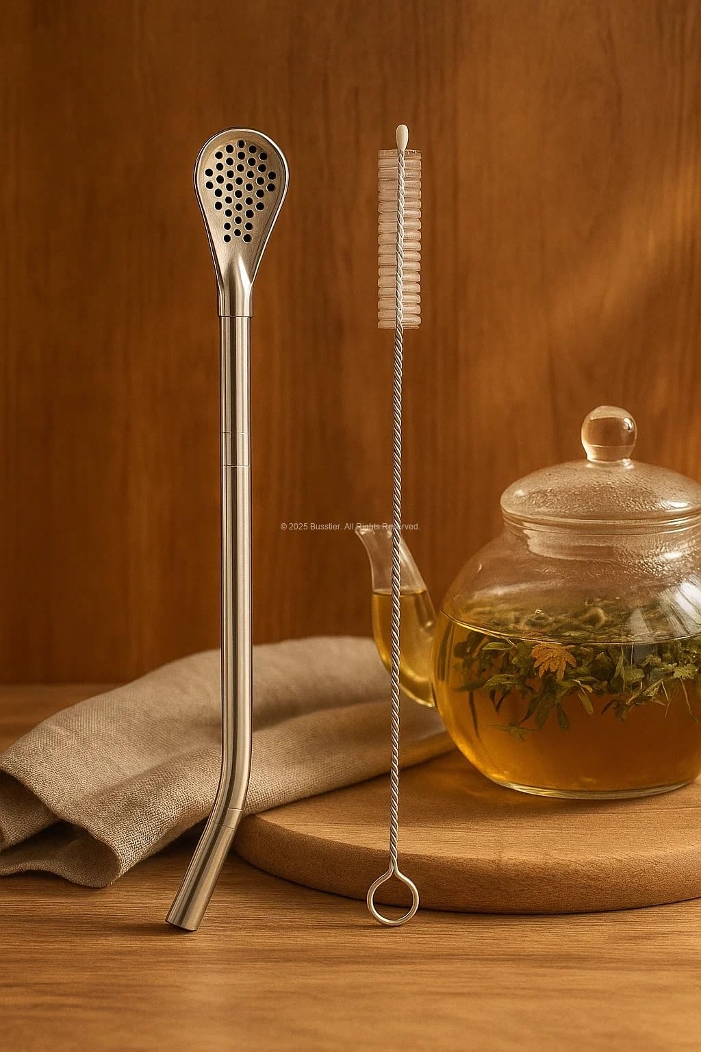 Busstier Süzgeç Uçlu Metal Pipet Seti, Filtreli Kaşık Pipet, Temizleme Fırçası Dahil, Kokteyl Sunum Bitki Çayı ve Yerba Mate (Bombilla) için Tekrar Kullanılabilir Şık Tasarım