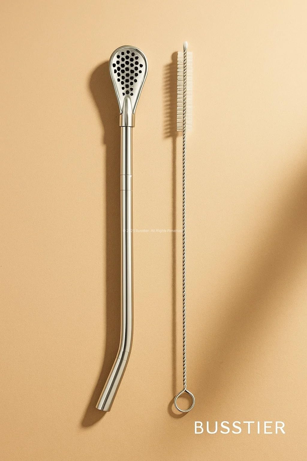 Busstier Süzgeç Uçlu Metal Pipet Seti, Filtreli Kaşık Pipet, Temizleme Fırçası Dahil, Kokteyl Sunum Bitki Çayı ve Yerba Mate (Bombilla) için Tekrar Kullanılabilir Şık Tasarım