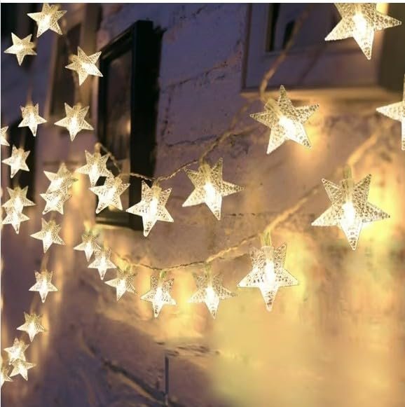 Coverzone 10 Metre 60 Ledli Yıldız Işık Zinciri Dekoratif Fişli Sıcak Sarı Led Aydınlatma Ev Oda Balkon Duvar Pencere Yılbaşı Parti ve Doğum Günü Süslemeleri