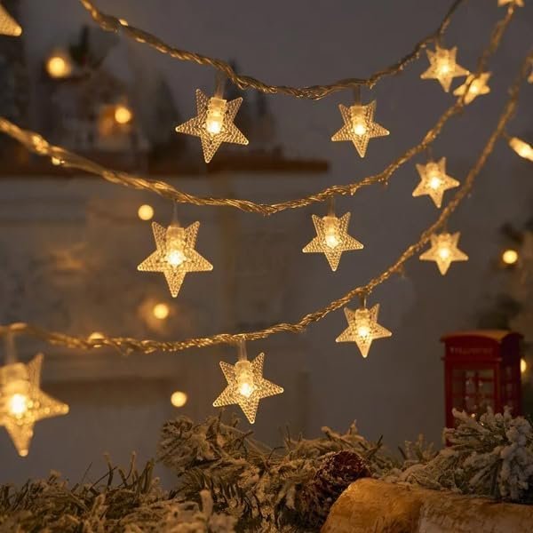 Coverzone 10 Metre 60 Ledli Yıldız Işık Zinciri Dekoratif Fişli Sıcak Sarı Led Aydınlatma Ev Oda Balkon Duvar Pencere Yılbaşı Parti ve Doğum Günü Süslemeleri