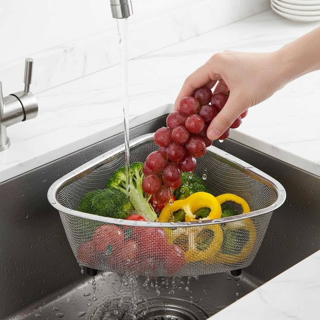 Orret Home Paslanmaz Çelik Ayaklı Lavabo İçi Çöp Süzgeci – 18x13x10 cm Hijyenik ve Pratik Gider Filtresi, Bulaşık Süngeri ve Tel Organizerli Lavabo Atık Süzgeci
