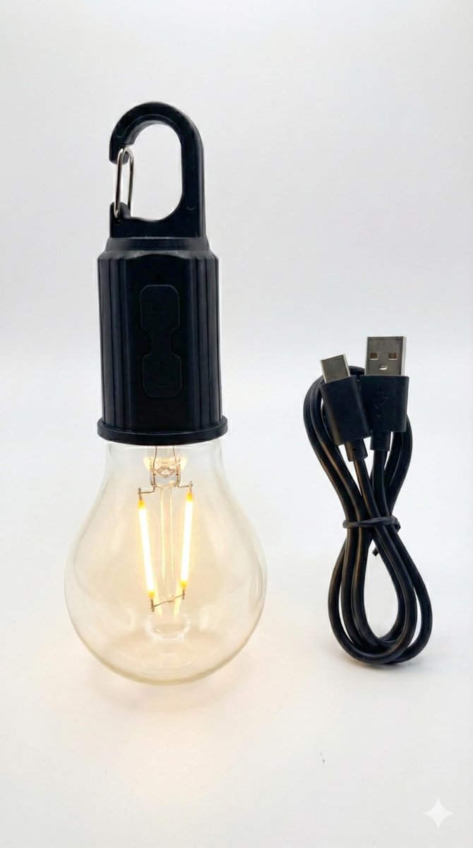 Şarjlı Taşınabilir LED Ampul Lamba – USB ile Şarj Edilebilir, 3 Kademeli Işık, Asma Kancalı & Kamp, Bahçe, Dolap, Balkon, Banyo İçin Acil Aydınlatma (3200K)