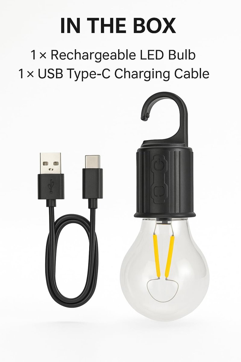 Şarjlı Taşınabilir LED Ampul Lamba – USB ile Şarj Edilebilir, 3 Kademeli Işık, Asma Kancalı & Kamp, Bahçe, Dolap, Balkon, Banyo İçin Acil Aydınlatma (3200K)