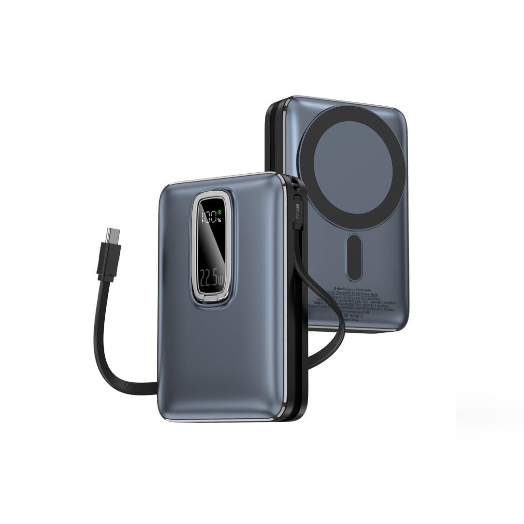 Magnetic Power Bank 10000 mAh Kablosuz Hızlı Şarj MagSafe Uyumlu LED Ekranlı, 22.5W PD QC Taşınabilir Şarj Cihazı, Standlı, Type-C USB Powerbank Güç Kaynağı derin lacivert