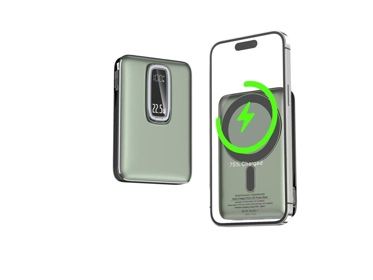 Magnetic Power Bank 5000 mAh Kablosuz Hızlı Şarj LED Gösterge Ekran MagSafe Uyumlu 22.5W PD QC Taşınabilir Şarj Cihazı Standlı Kendinden Kablolu Type-C USB Powerbank Güç Kaynağı FAST zümrüt yeşil