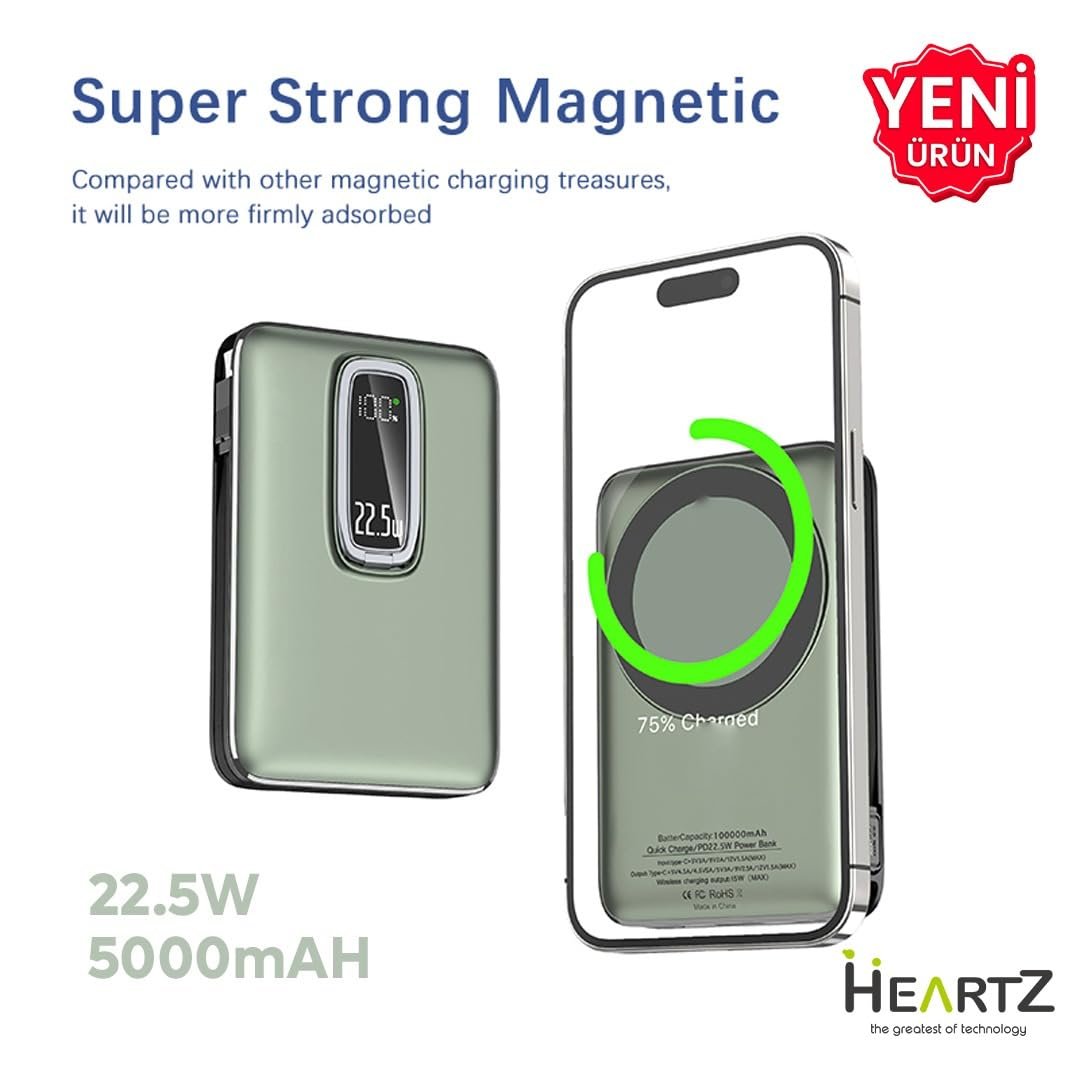 Magnetic Power Bank 5000 mAh Kablosuz Hızlı Şarj LED Gösterge Ekran MagSafe Uyumlu 22.5W PD QC Taşınabilir Şarj Cihazı Standlı Kendinden Kablolu Type-C USB Powerbank Güç Kaynağı FAST zümrüt yeşil