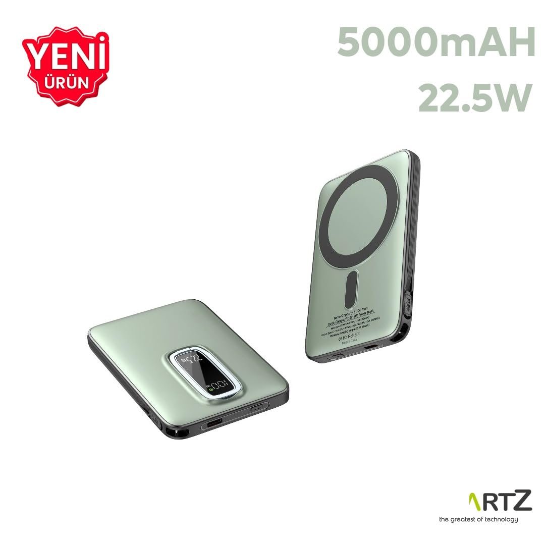 Magnetic Power Bank 5000 mAh Kablosuz Hızlı Şarj LED Gösterge Ekran MagSafe Uyumlu 22.5W PD QC Taşınabilir Şarj Cihazı Standlı Kendinden Kablolu Type-C USB Powerbank Güç Kaynağı FAST zümrüt yeşil