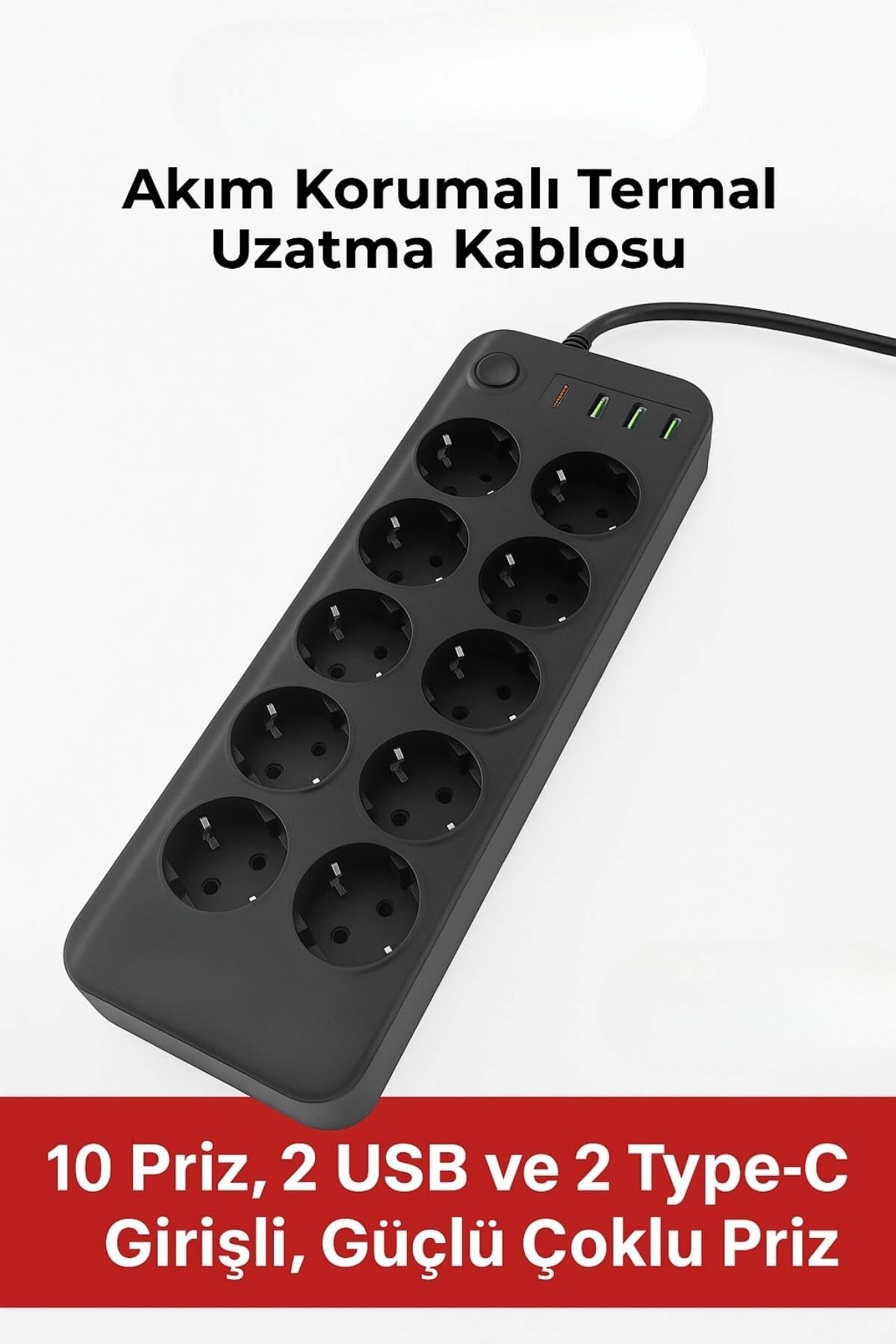 Buffer 1.BUFFERAkım Korumalı Termal Uzatma Kablosu – 10 Priz, 2 USB ve 2 Type-C Girişli, Güçlü Çoklu Priz