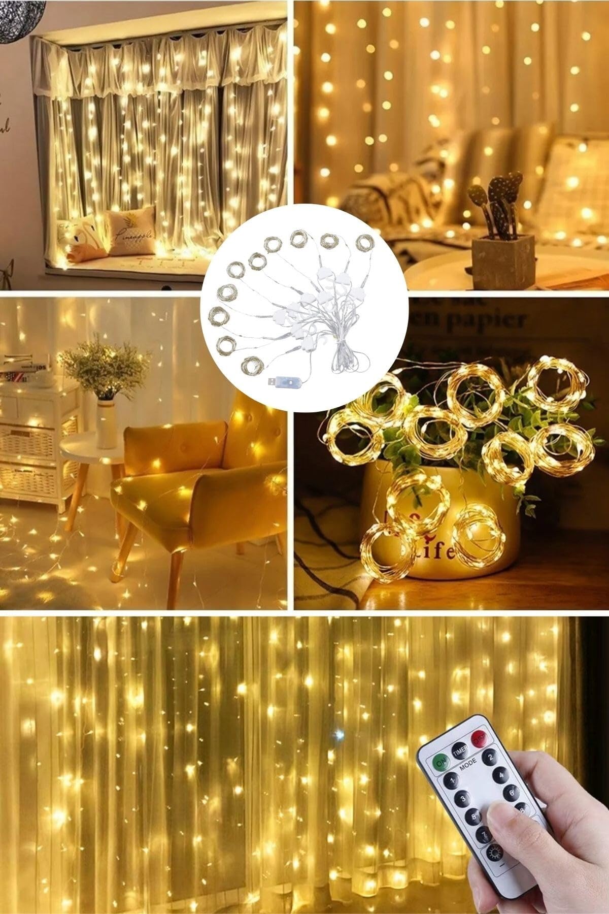 Buffer Uzaktan Kumandalı LED Perdeye Takılabilen Kancalı Işık Usb 3x3 Metre Peri Perde LED