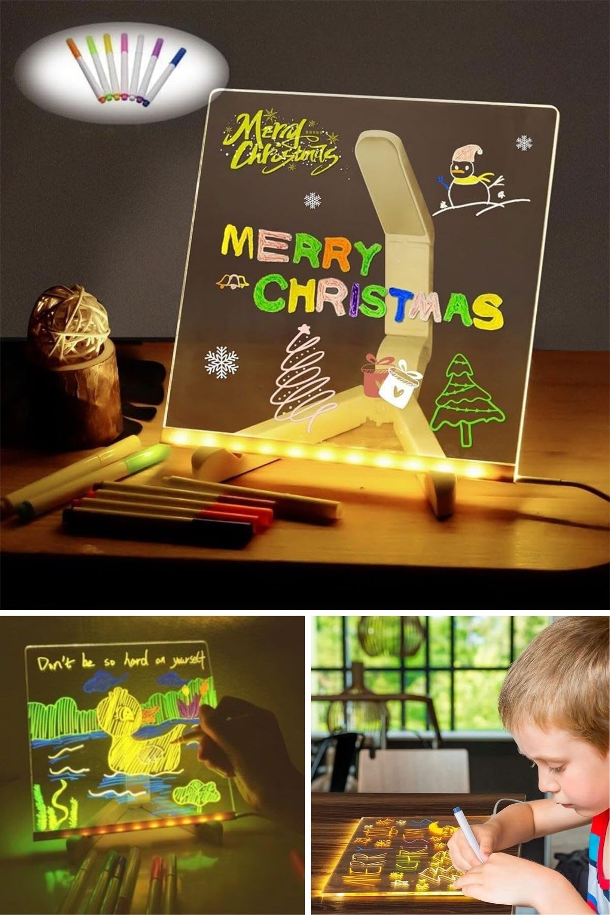 Buffer LED Işıklı Kendiliğinden Renkli Fosforlu Kalemli Kare Yazı Panosu 20x20 cm
