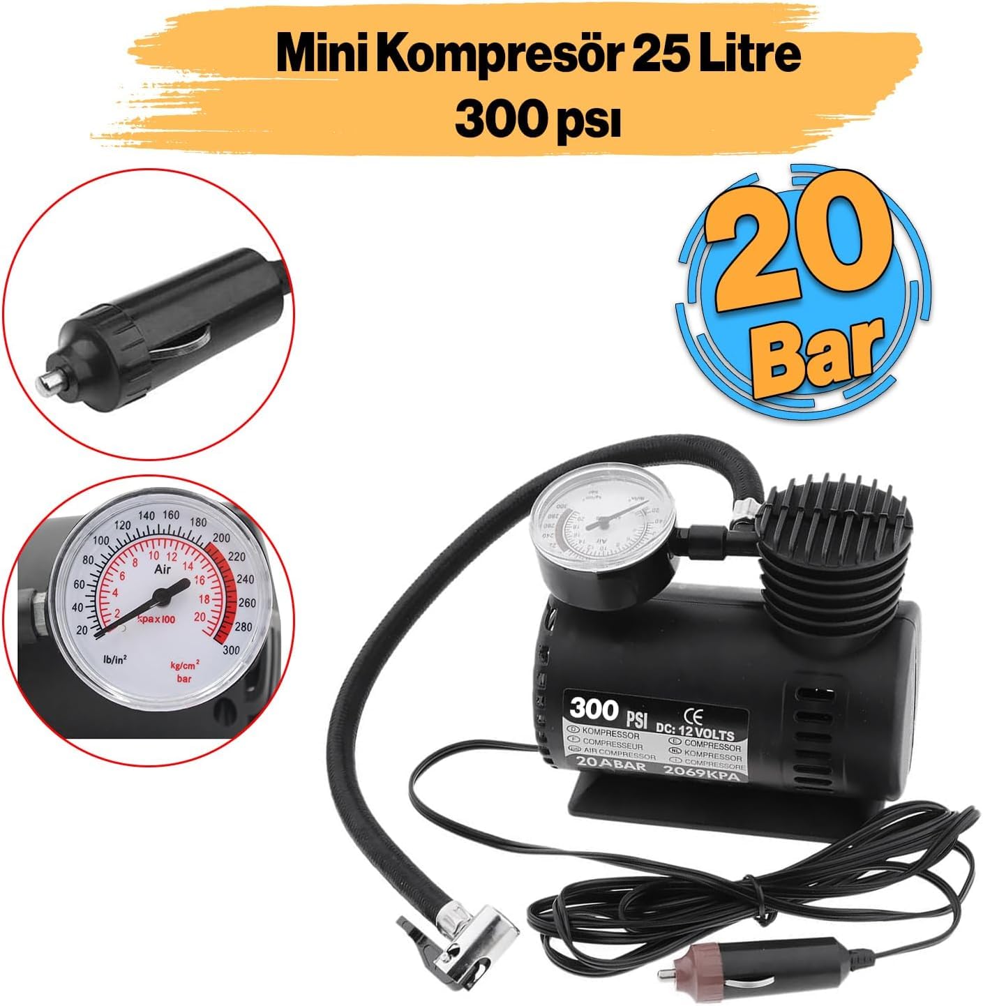 Orret Home 12V Mini Hava Kompresörü – Araç Çakmaklık Tipi 300 PSI Lastik Şişirme Pompası, Araba/Bisiklet/Motosiklet Lastiği ve Top Şişirme İçin Taşınabilir Mini Kompresör