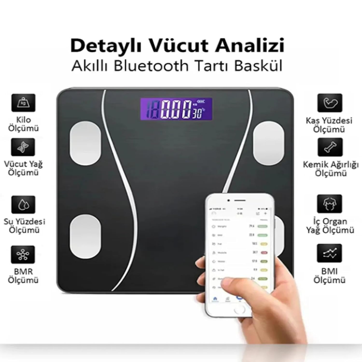 Orret Home Akıllı Dijital Vücut Analiz Tartısı – 180 Kg Kapasiteli Yağ, Kas, Su Oranı ve BMI Ölçümü, Mobil Uygulama Senkronizasyonlu Akıllı Baskül, LCD Ekranlı Hassas Dijital Terazi