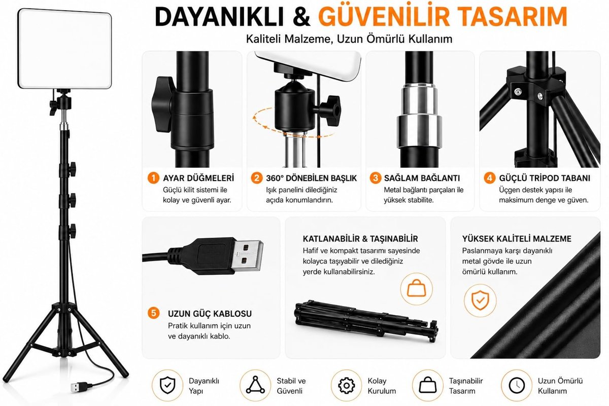 LED Video Işık Seti - Ayarlanabilir Tripod, USB Kontrollü Sıcak/Soğuk Işık, 3 Mod & 10 Parlaklık Seviyesi, YouTube Çekimi, Canlı Yayın, Fotoğrafçılık ve Makyaj Işığı