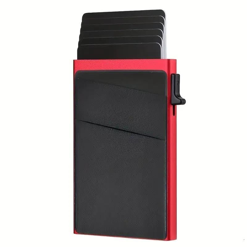 Valkyrie Premium Slim Metal Otomatik Kartlık – RFID Korumalı, Mekanizmalı, 10+ Kart Kapasiteli Kırmızı
