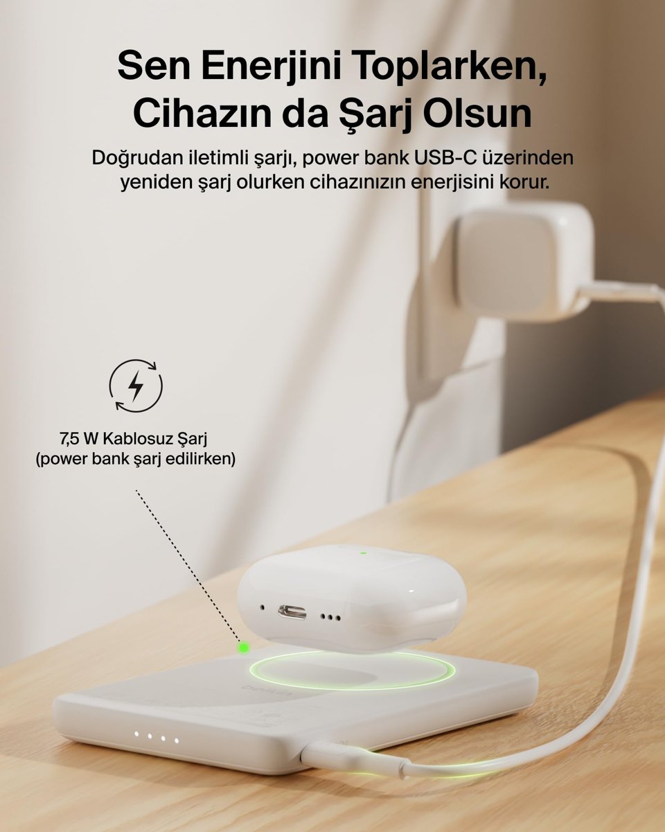 Belkin BoostCharge 5000 mAh İnce Manyetik USB-C Power Bank, Beyaz