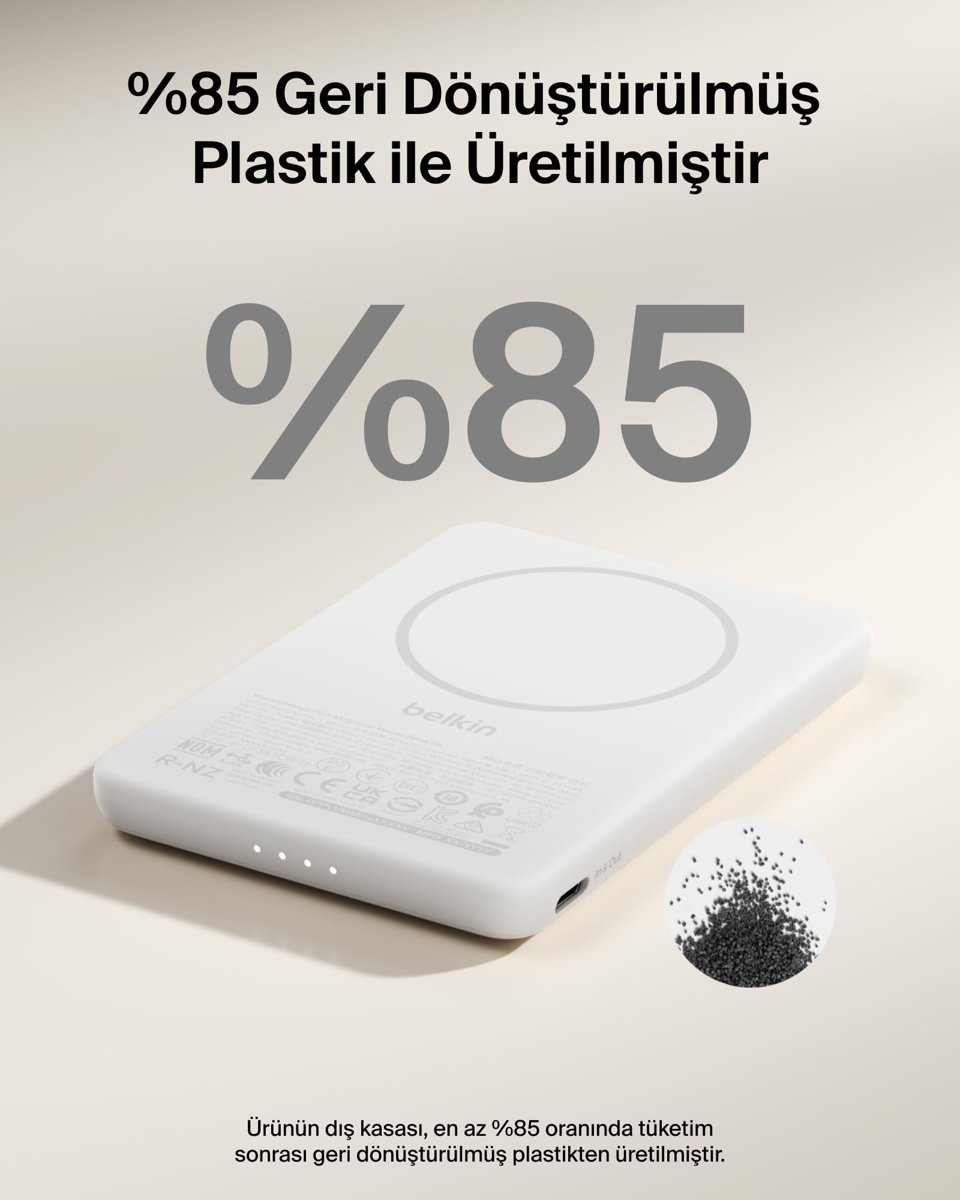 Belkin BoostCharge 5000 mAh İnce Manyetik USB-C Power Bank, Beyaz