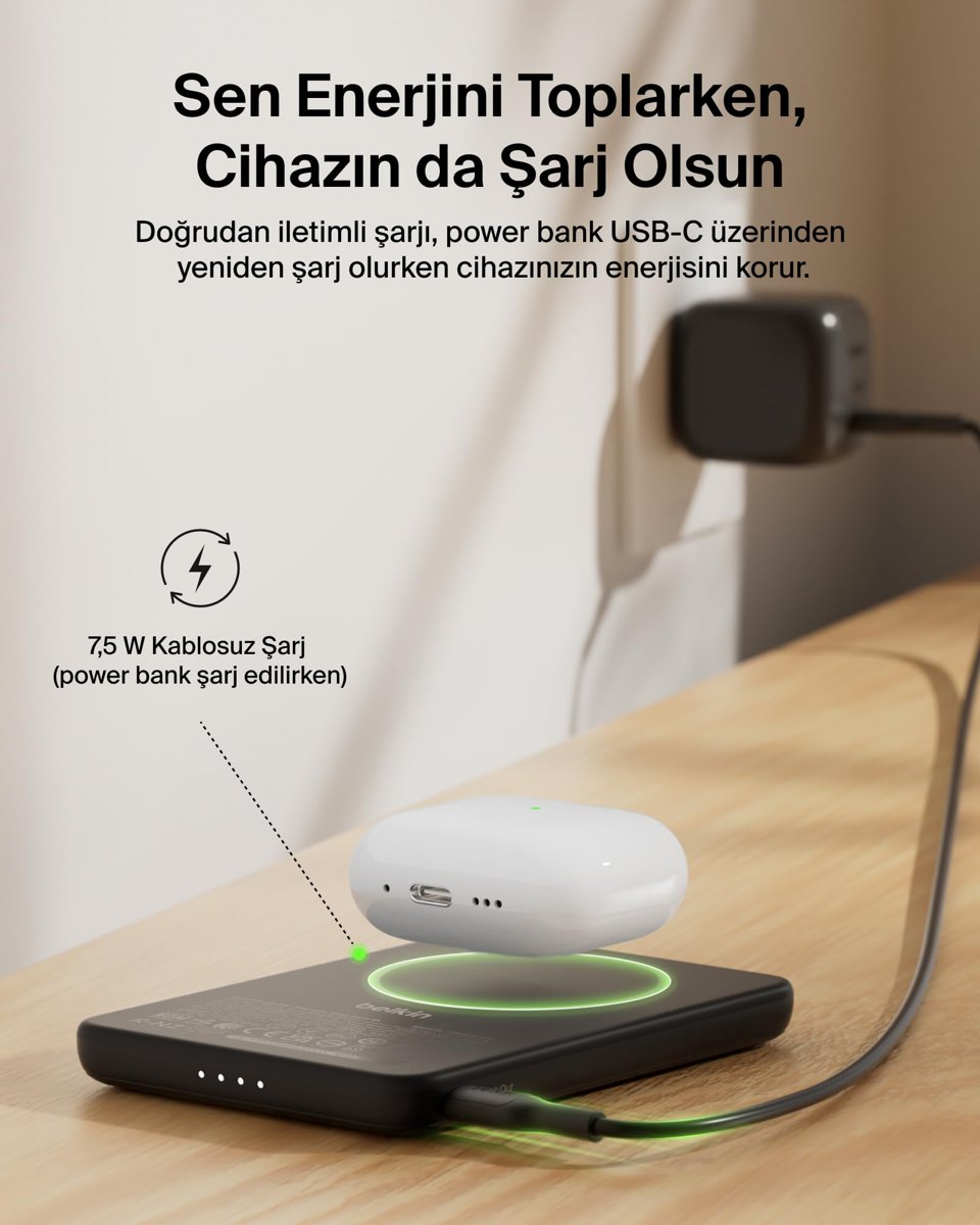 Belkin BoostCharge 5000 mAh İnce Manyetik USB-C Power Bank, Siyah