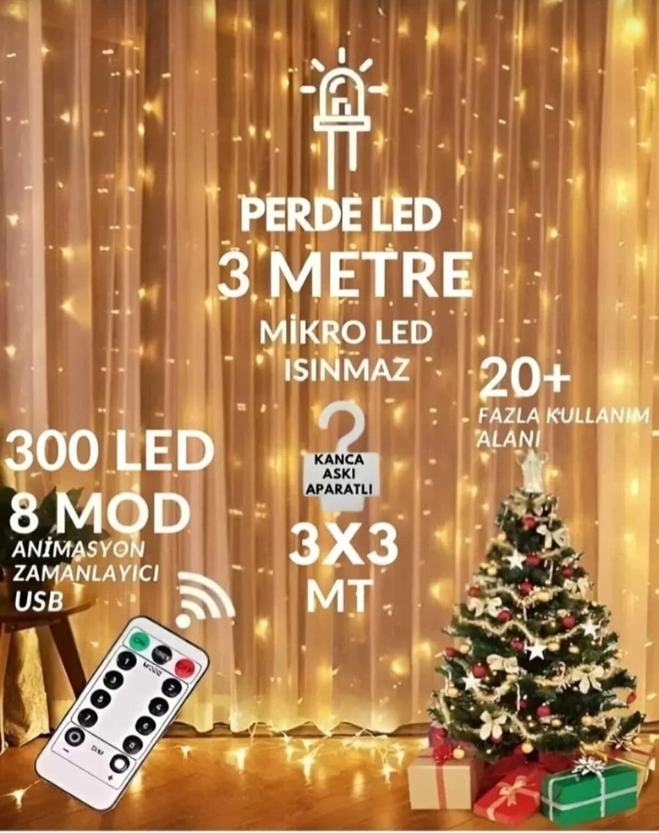 MR 300 Ledli 10 Saçaklı Sarı Led Kumandalı 8 Modlu Perde Led Peri Mutfak Işık Dekoratif Lamba Özel Gün Doğum Günü Parti Yılbaşı Süsü