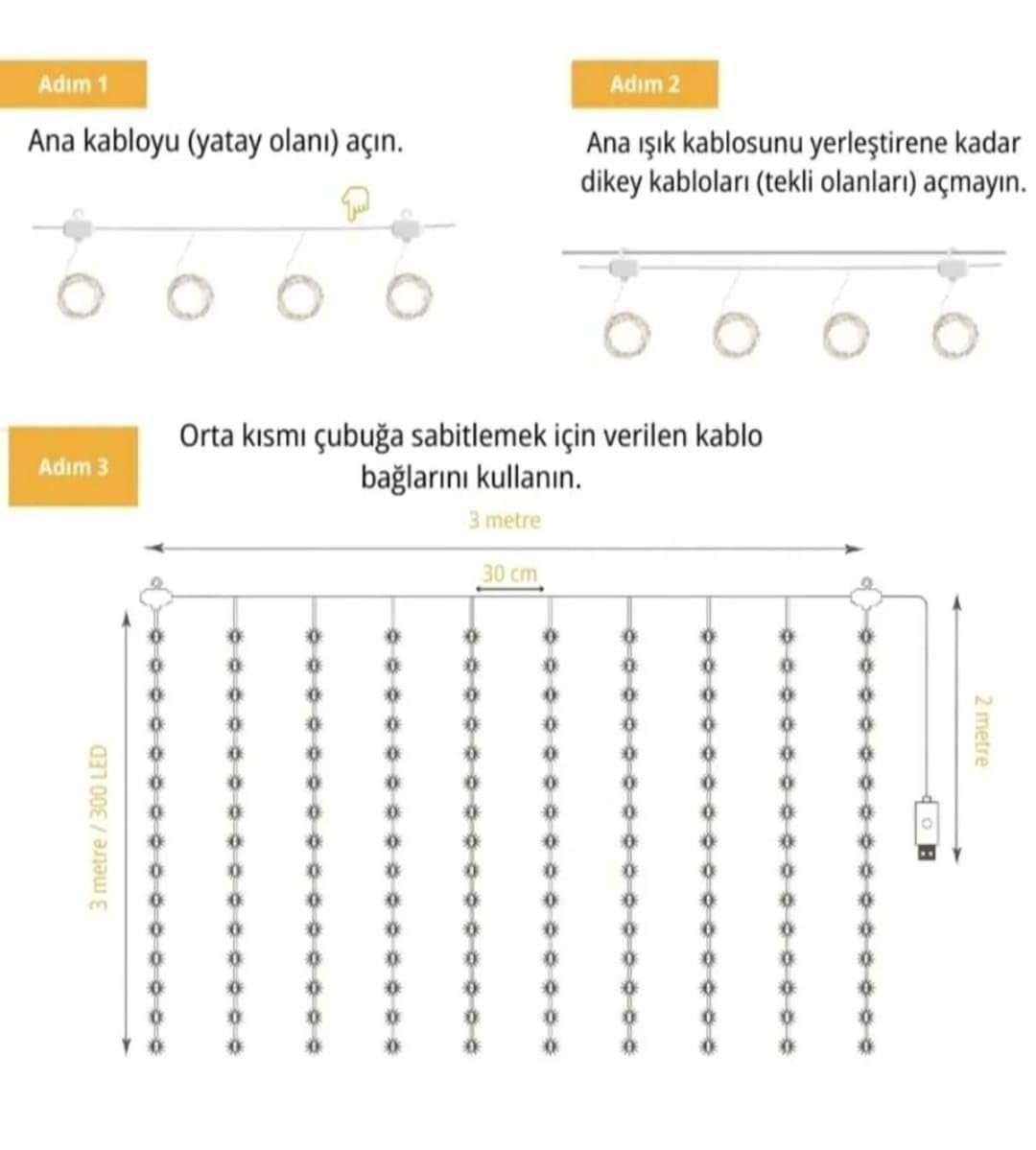 MR 300 Ledli 10 Saçaklı Sarı Led Kumandalı 8 Modlu Perde Led Peri Mutfak Işık Dekoratif Lamba Özel Gün Doğum Günü Parti Yılbaşı Süsü