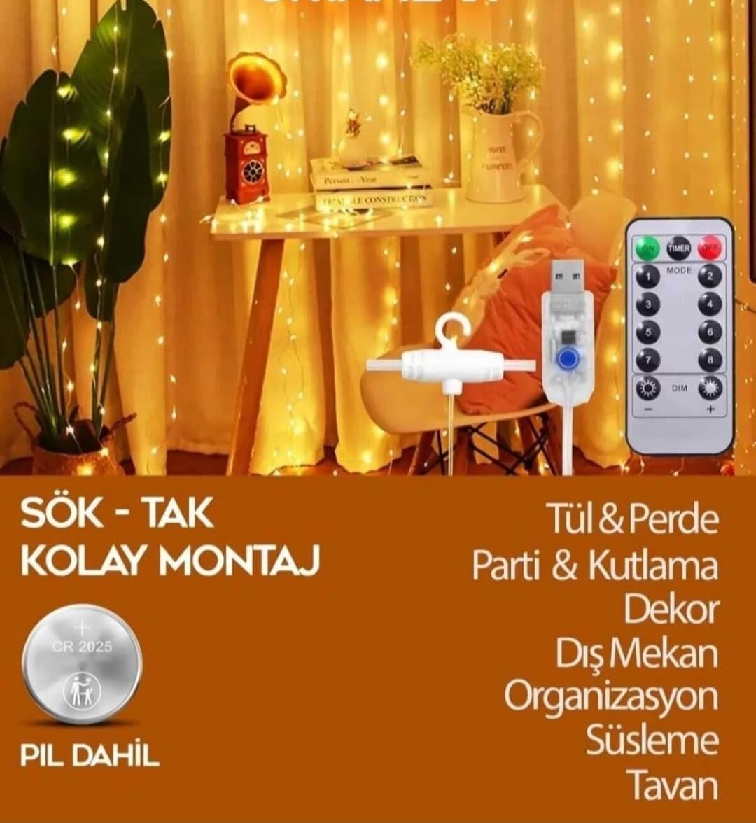 MR 300 Ledli 10 Saçaklı Sarı Led Kumandalı 8 Modlu Perde Led Peri Mutfak Işık Dekoratif Lamba Özel Gün Doğum Günü Parti Yılbaşı Süsü