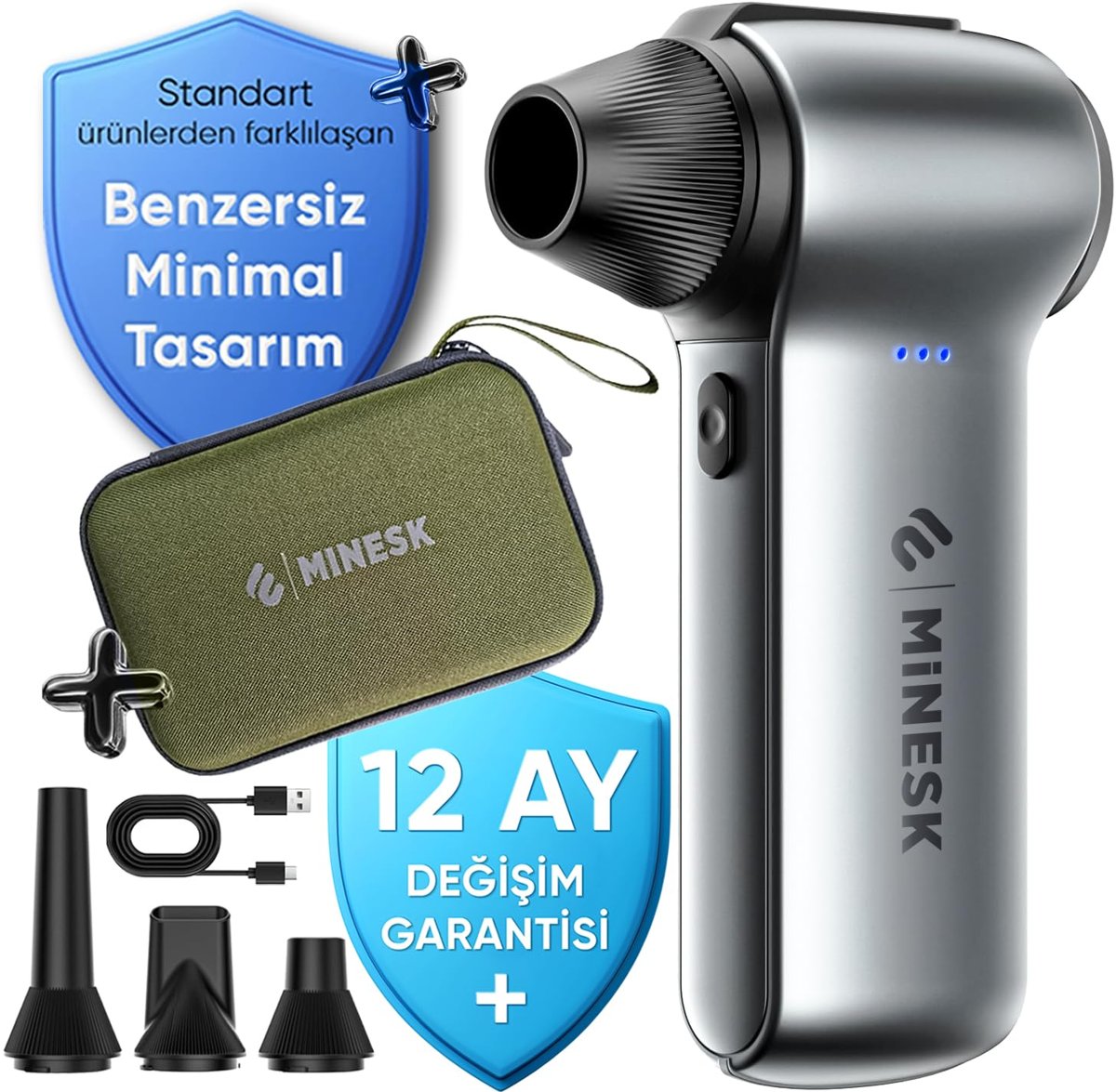 Minesk G150 Turbo Jet Fan Hava Üfleyici - 【Turbo Modda 150 Gram Hava Basıncı】- Çok Amaçlı Kullanım (Klavye, Ev, Araba Temizliği, Toz Üfleme,) - Taşıma Çantalı ve Ekstra Nozullu