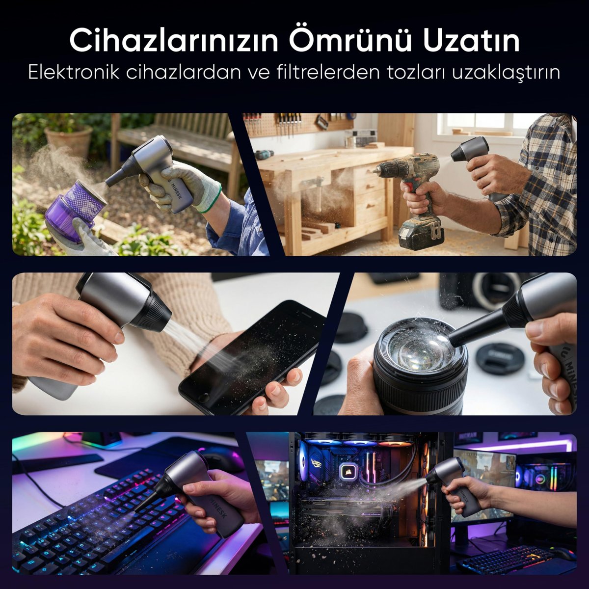 Minesk G150 Turbo Jet Fan Hava Üfleyici - 【Turbo Modda 150 Gram Hava Basıncı】- Çok Amaçlı Kullanım (Klavye, Ev, Araba Temizliği, Toz Üfleme,) - Taşıma Çantalı ve Ekstra Nozullu