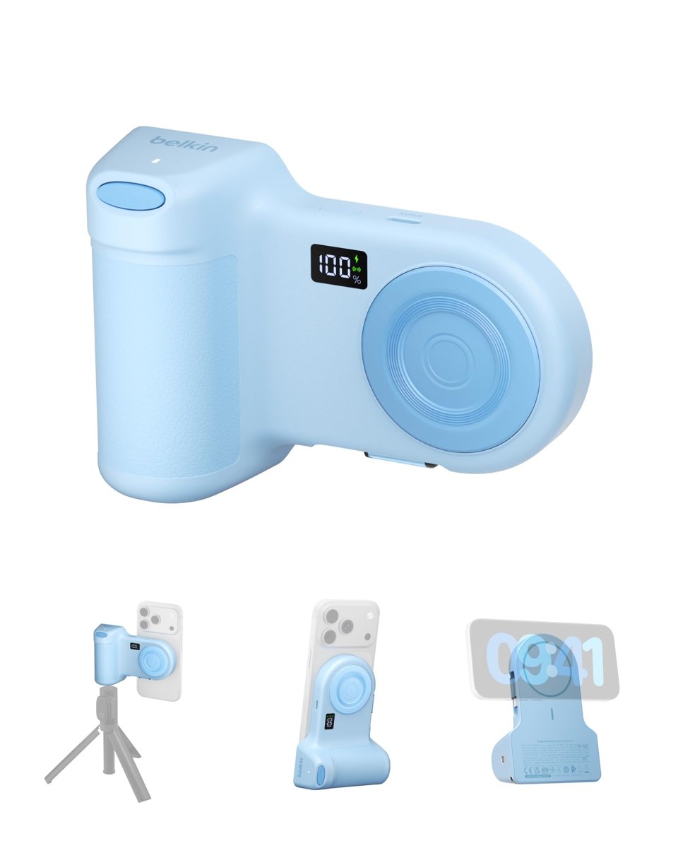 Belkin Stage PowerGrip, Manyetik Kablosuz Şarjlı Kamera Tutacağı 9300 mAh, Geri Çekilebilir USB-C Kablolu Power Bank, Bluetooth & Tripod Bağlantısı, LCD Ekran, iPhone ve Pixel için Şarj Cihazı