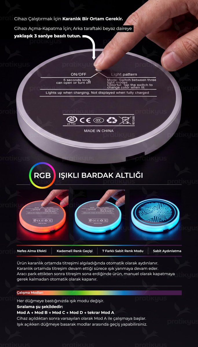 Pratikyus 2'li Set 7 Renkli LED Akıllı Bardak Altı Işıkları – USB Şarjlı, Sensörlü, Araba İçi Dekoratif Atmosfer Aydınlatma