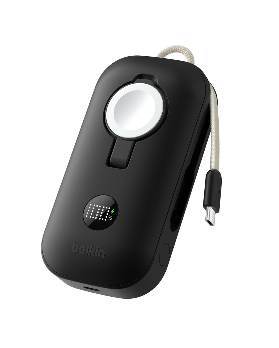 Belkin BoostCharge Pro 10K mAh Power Bank, Apple Watch Şarj Cihazlı, Entegre Örgülü USB-C Kablo ve Dijital Ekranlı Taşınabilir Şarj Cihazı, 45 W, 3 Cihazı Aynı Anda Şarj Edebilen Batarya Paketi, Siyah