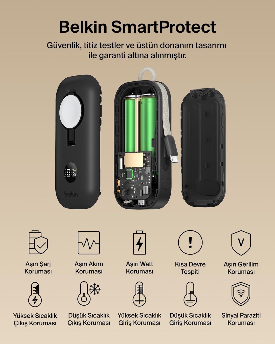 Belkin BoostCharge Pro 10K mAh Power Bank, Apple Watch Şarj Cihazlı, Entegre Örgülü USB-C Kablo ve Dijital Ekranlı Taşınabilir Şarj Cihazı, 45 W, 3 Cihazı Aynı Anda Şarj Edebilen Batarya Paketi, Siyah