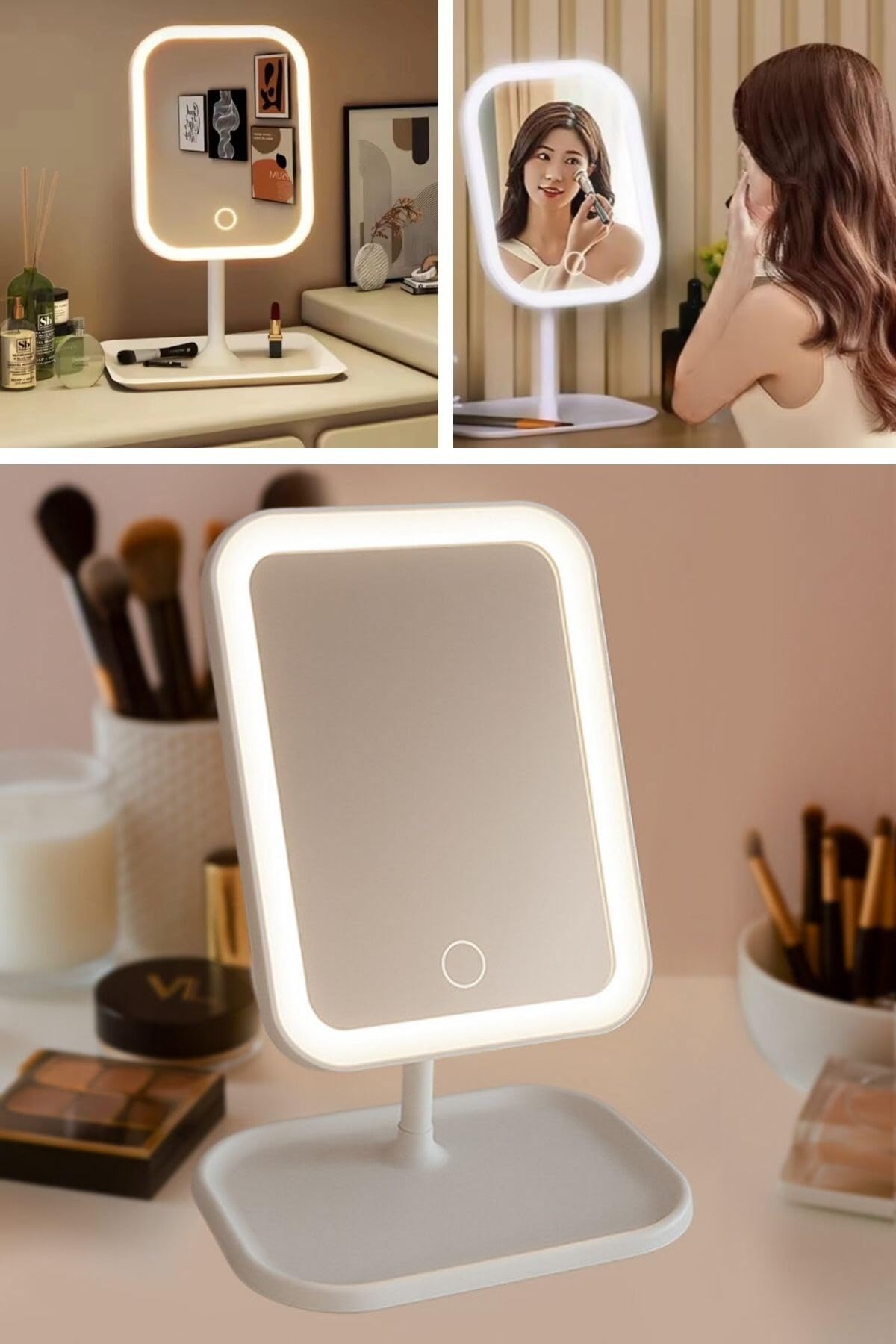 BUFFER® Dokunmatik LED Işıklı Kare Makyaj Aynası – Altı Organizer Kaseli, Ayarlanabilir Aydınlatmalı Masaüstü Makyaj ve Cilt Bakım Aynası