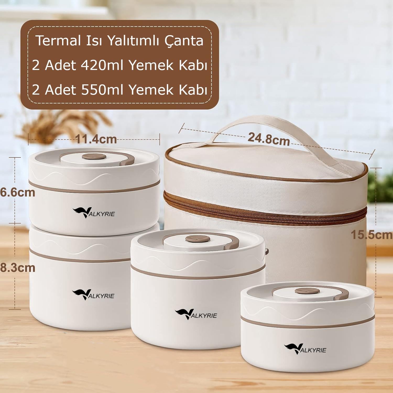 Valkyrie 4 Gözlü Paslanmaz Çelik Isı Yalıtımlı Yemek Kabı Seti Çantalı 304 Steel 2x 420ml + 2x 550ml