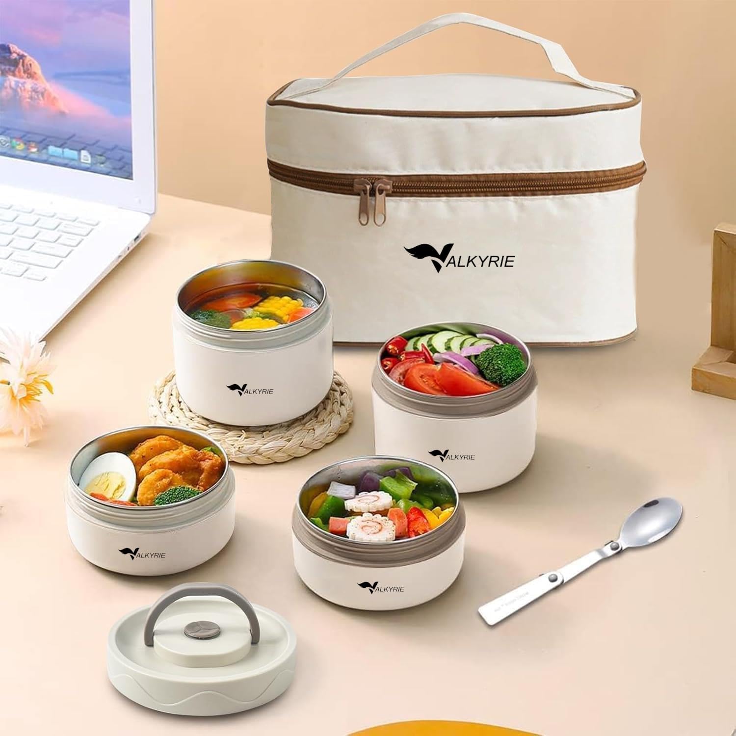 Valkyrie 4 Gözlü Paslanmaz Çelik Isı Yalıtımlı Yemek Kabı Seti Çantalı 304 Steel 2x 420ml + 2x 550ml