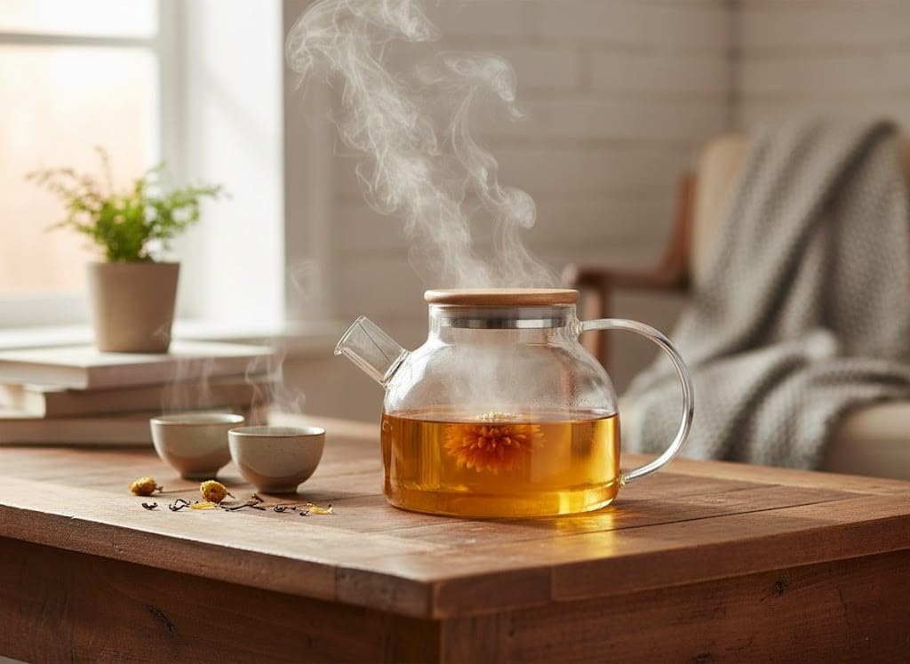 Orret Home Bambu Kapaklı Kendinden Süzgeçli Borosilikat Cam Demlik – 1000 ml Isıya Dayanıklı Termisil Cam Çay, Kahve ve Bitki Çayı Demliği, Cam Çaydanlık