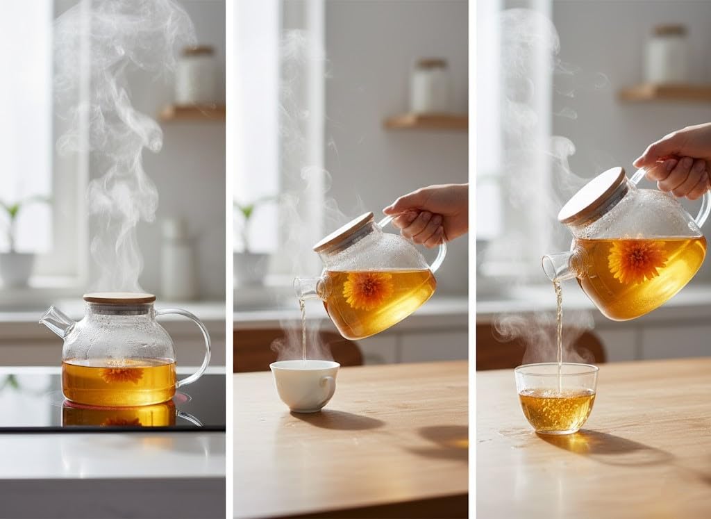 Orret Home Bambu Kapaklı Kendinden Süzgeçli Borosilikat Cam Demlik – 1000 ml Isıya Dayanıklı Termisil Cam Çay, Kahve ve Bitki Çayı Demliği, Cam Çaydanlık