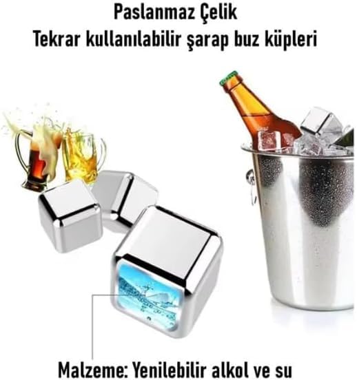 AEE® 4'lü Çelik Buz Küpü ve Maşa Seti – 304 Paslanmaz Çelik, Tekrar Kullanılabilir, İçeceği Sulandırmaz, Hızlı Soğutma, Saklama Kutulu Premium
