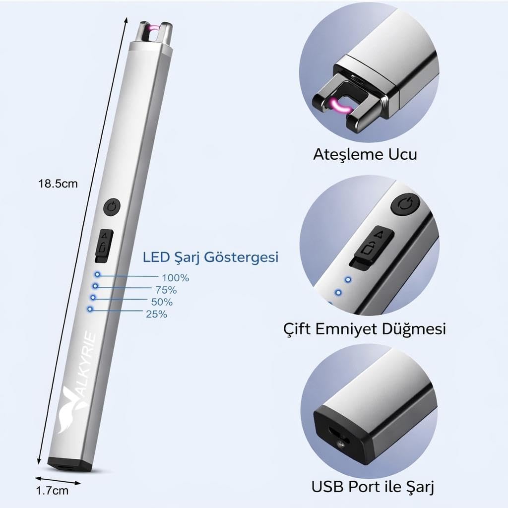 Valkyrie USB Şarjlı Elektrikli Arc Çakmak | Mum İçin | Gazsız | Rüzgar Kırıcı | Çift Emniyetli | Gümüş Renk