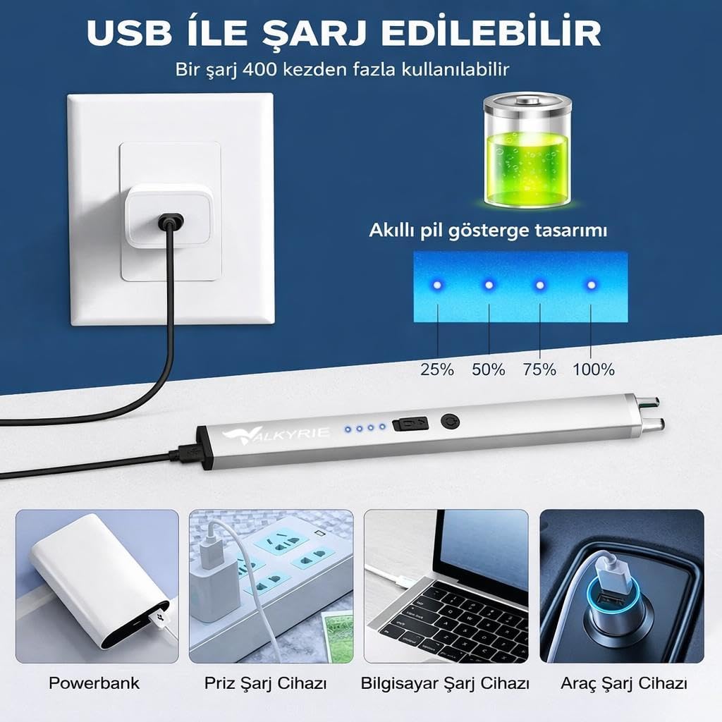 Valkyrie USB Şarjlı Elektrikli Arc Çakmak | Mum İçin | Gazsız | Rüzgar Kırıcı | Çift Emniyetli | Gümüş Renk
