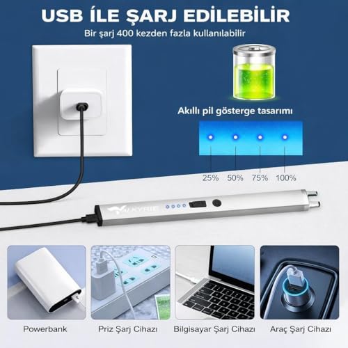 Valkyrie USB Şarjlı Elektrikli Arc Çakmak | Mum İçin | Gazsız | Rüzgar Kırıcı | Çift Emniyetli | Gümüş Renk