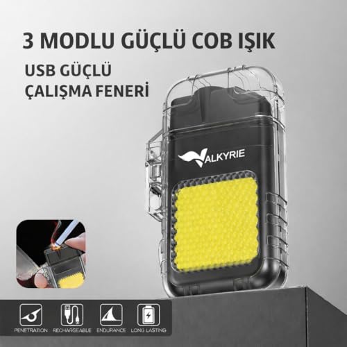 Valkyrie 3 Mod Fenerli USB Type-C Şarjlı 3 Modlu Güçlü COB Işıklı Rüzgara Dayanıklı Isıtıcı Tel Çakmak