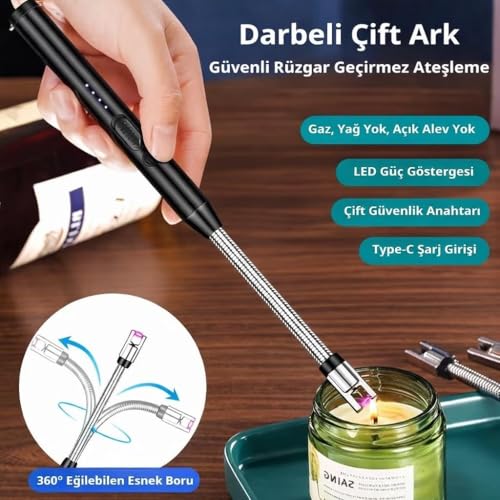 Valkyrie Type-C Şarjlı Elektronik, Mum Yakma Darbeli Ateşleyici – 360° Esnek Boyun, Rüzgar Geçirmez, Göstergeli