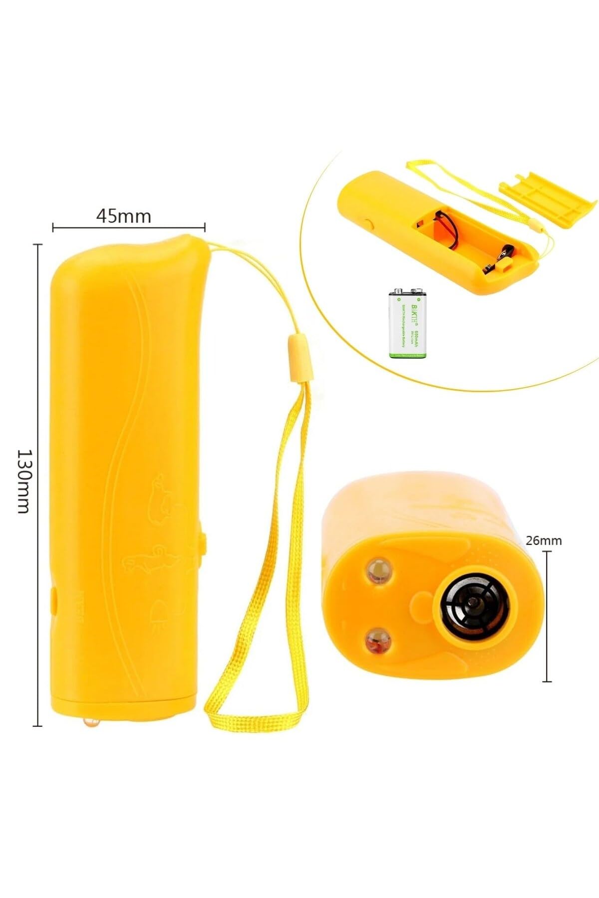 BUFFER Ultrasonik Köpek Kovucu, LED Işıklı Köpek Eğitim Cihazı, Sarı, 130mm x 45mm x 26mm, 9V Pil ile Çalışır