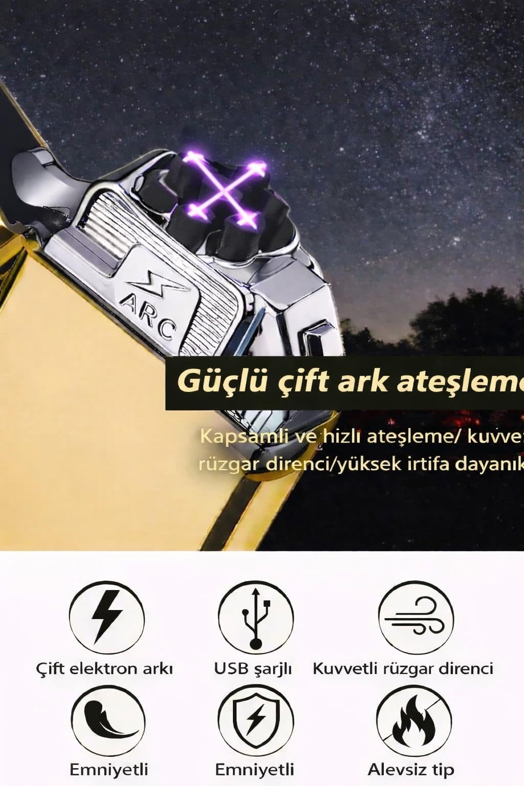 Valkyrie USB Şarjlı Elektronik Çakmak | 4 Elektrotlu X Tip Mor Arc | Rüzgar Geçirmez, Alevsiz