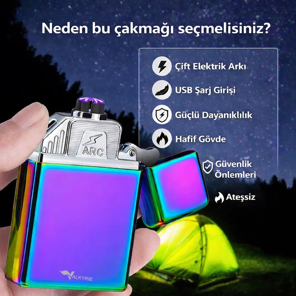 Valkyrie USB Şarjlı Elektronik Çakmak | 4 Elektrotlu X Tip Mor Arc | Rüzgar Geçirmez, Alevsiz Renkli